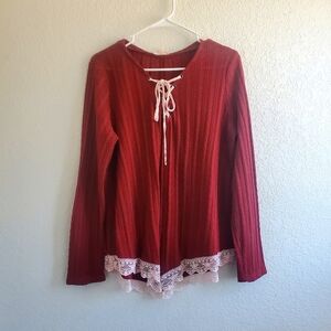 Entro Burgundy Longsleeve Top Size L Lace Up Sheer Romantic Layering Casual